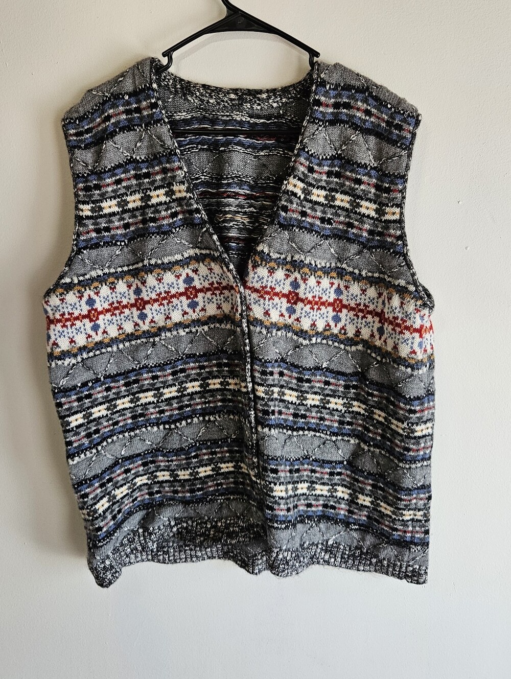Vintage Fair Isle Knit Sweater Vest Grey Colorful Pattern Sleeveless Pullover Pl